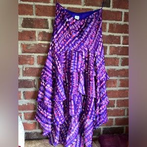Cache high low ruffled silky purple and pink skirt